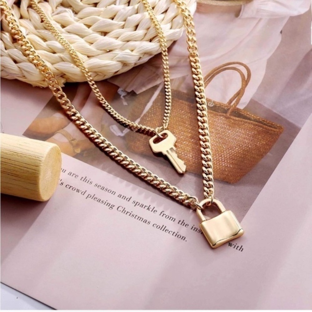 14k Gold Plated Lock & Key 2-Piece Chain Necklace Set